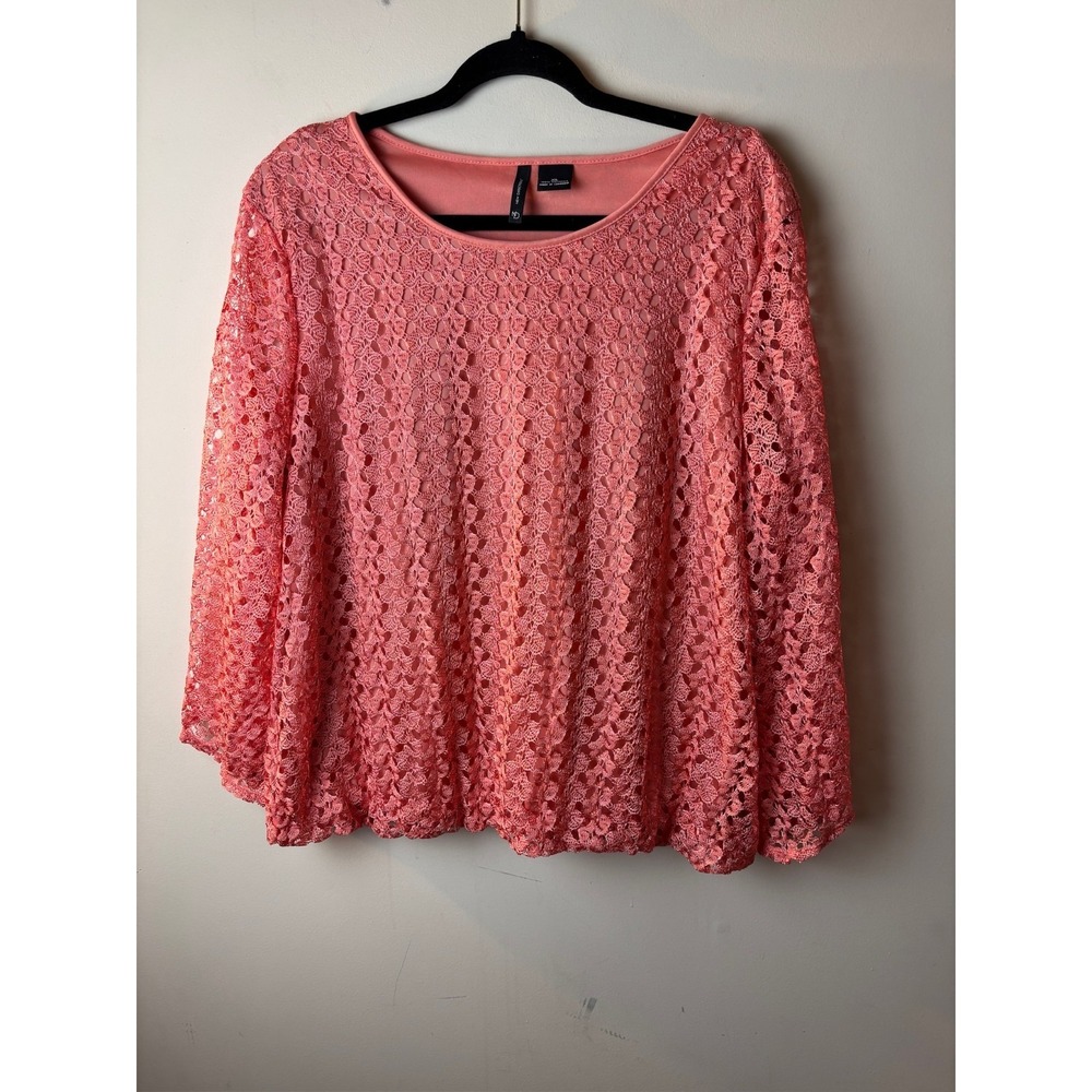 Womens XL New Directions Blouse Top Coral Pink Lace Crochet Overlay Long Sleeve